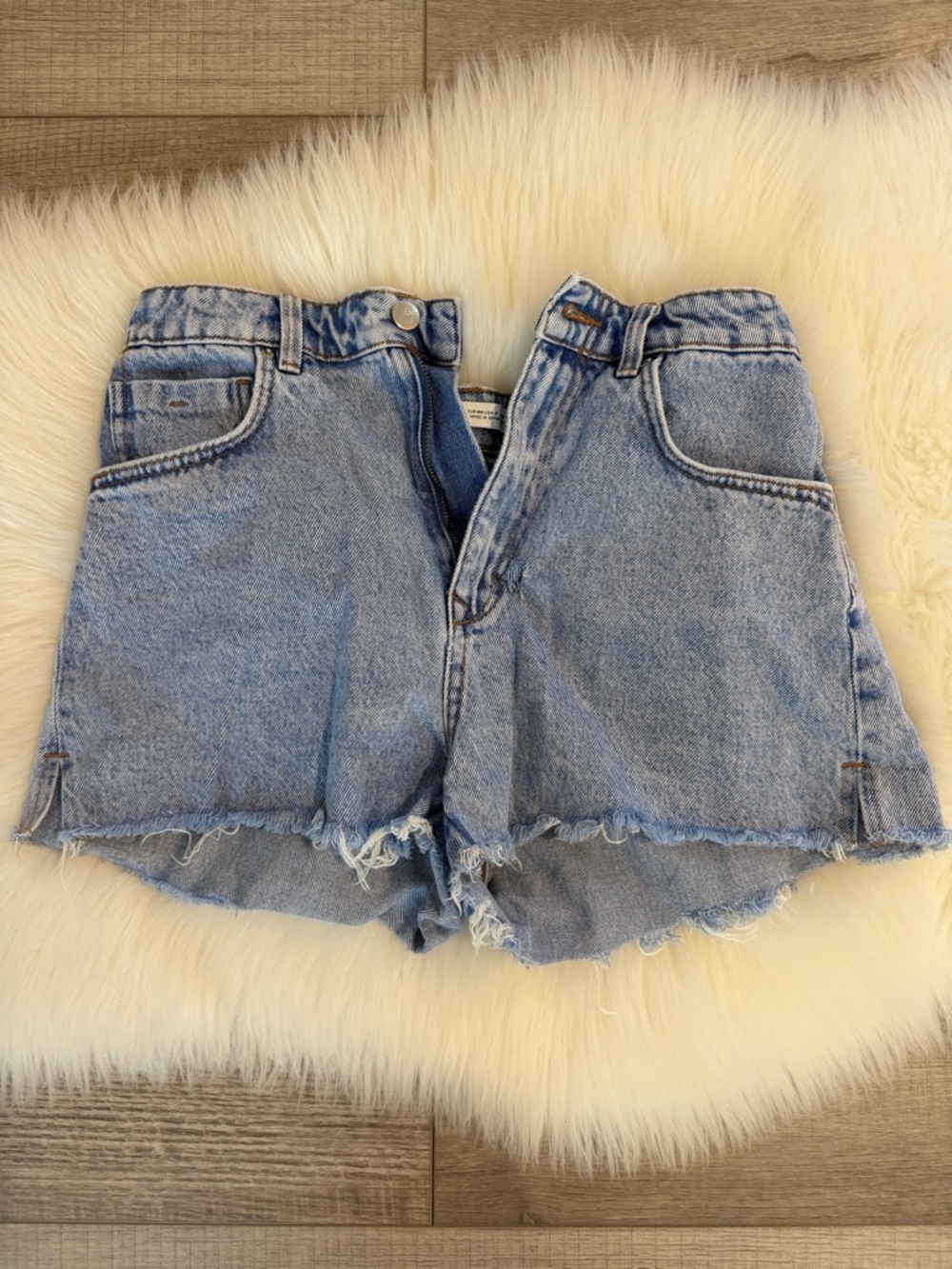 Zara Light Blue High-Waist Frayed Denim Shorts